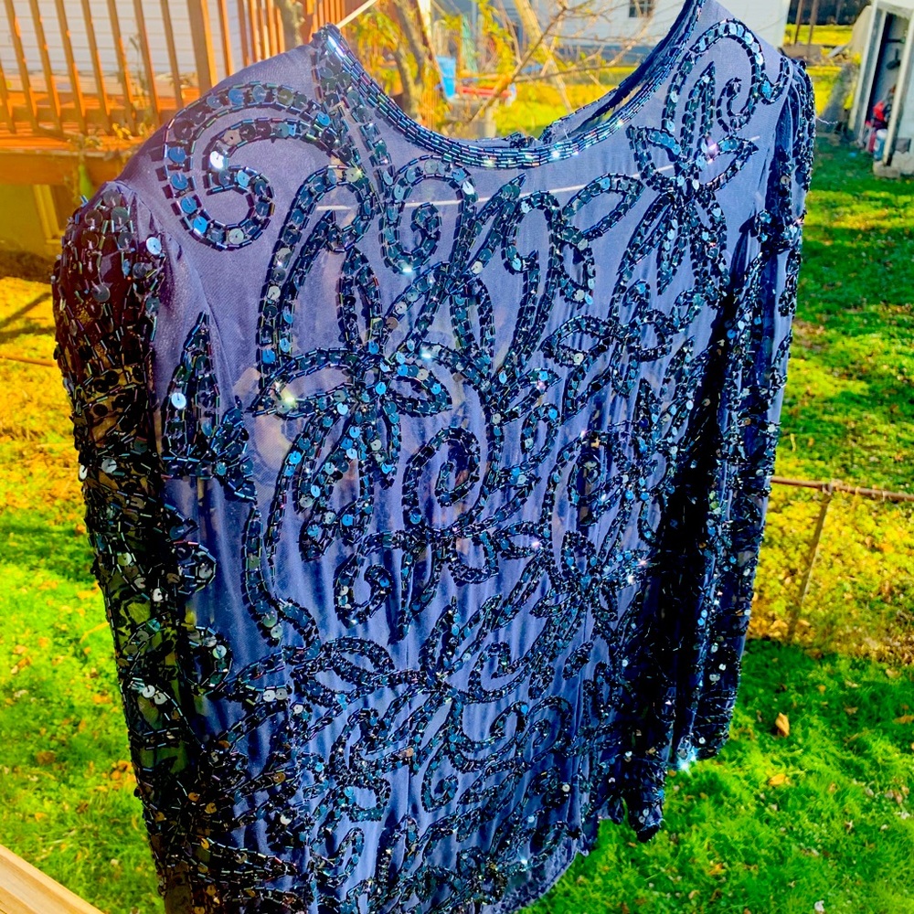 Sapphire Blue Beaded Blouse Vintage L/XL